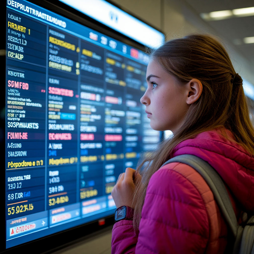 Группа людей в метро, один внимательно смотрит на табло отменённых рейсов, другие проверяют телефоны и маршрут, без астрологических схем, только живая сцена перепланирования и сбоев в связи