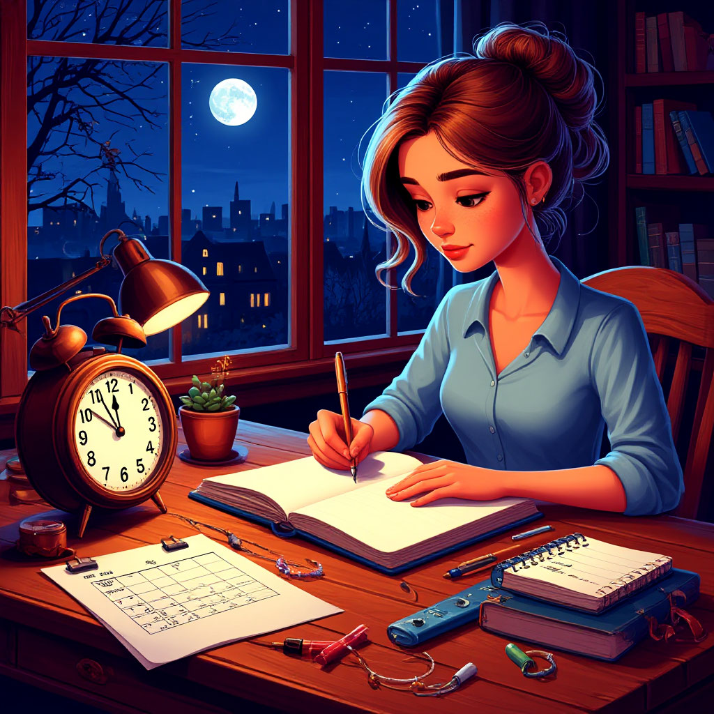 Большой город с видом на небо, над которым висит тёплая ночная воздушность, а ниже — уютная светлая квартира, где человек смотрит на часы и записывает данные