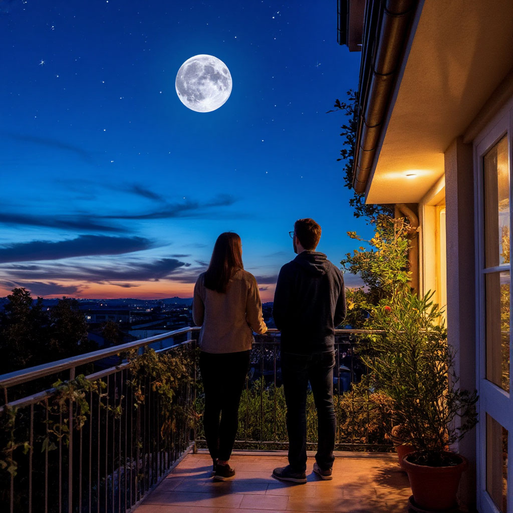 Двое вечером на балконе, смотрят на небо; один смотрит на лунный календарь на экране телефона, без сложных схем