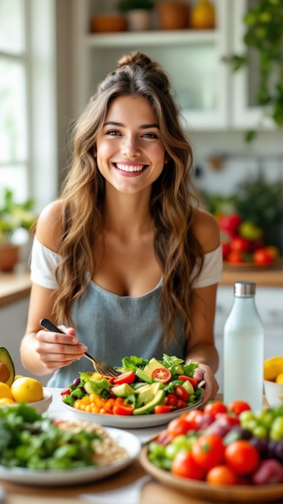 Человек ест правильную пищу и выглядит довольным