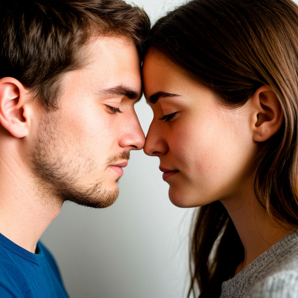 Два человека прижимаются лбами