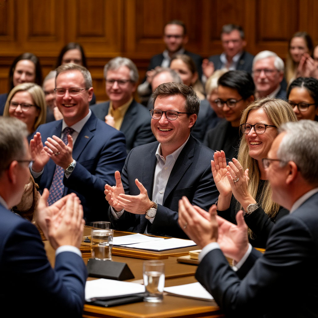 Фотография с собрания, где все радостно хлопают спикеру