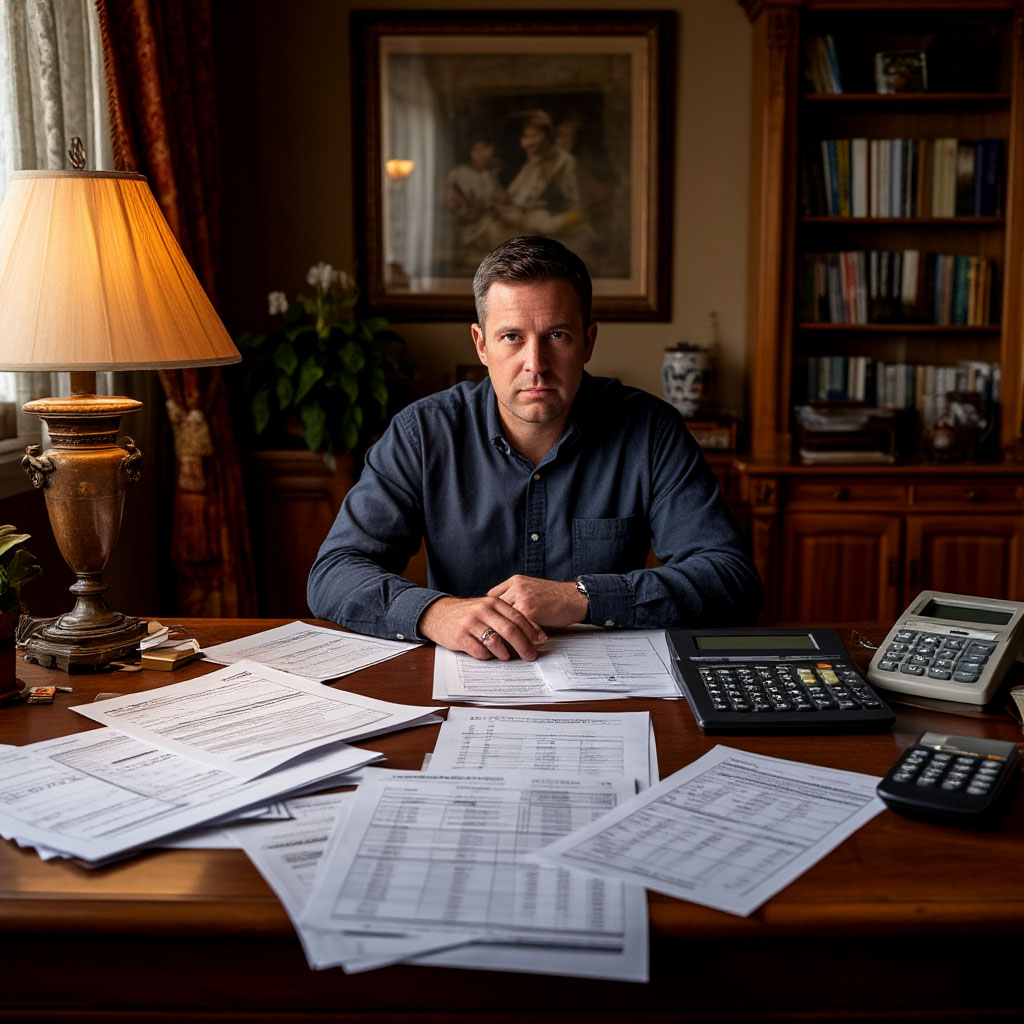 Человек в домашнем интерьере, вечер, перед ним стол с документами, ноутбуком и чашкой, без астрологических схем, только живой разбор финансового сценария