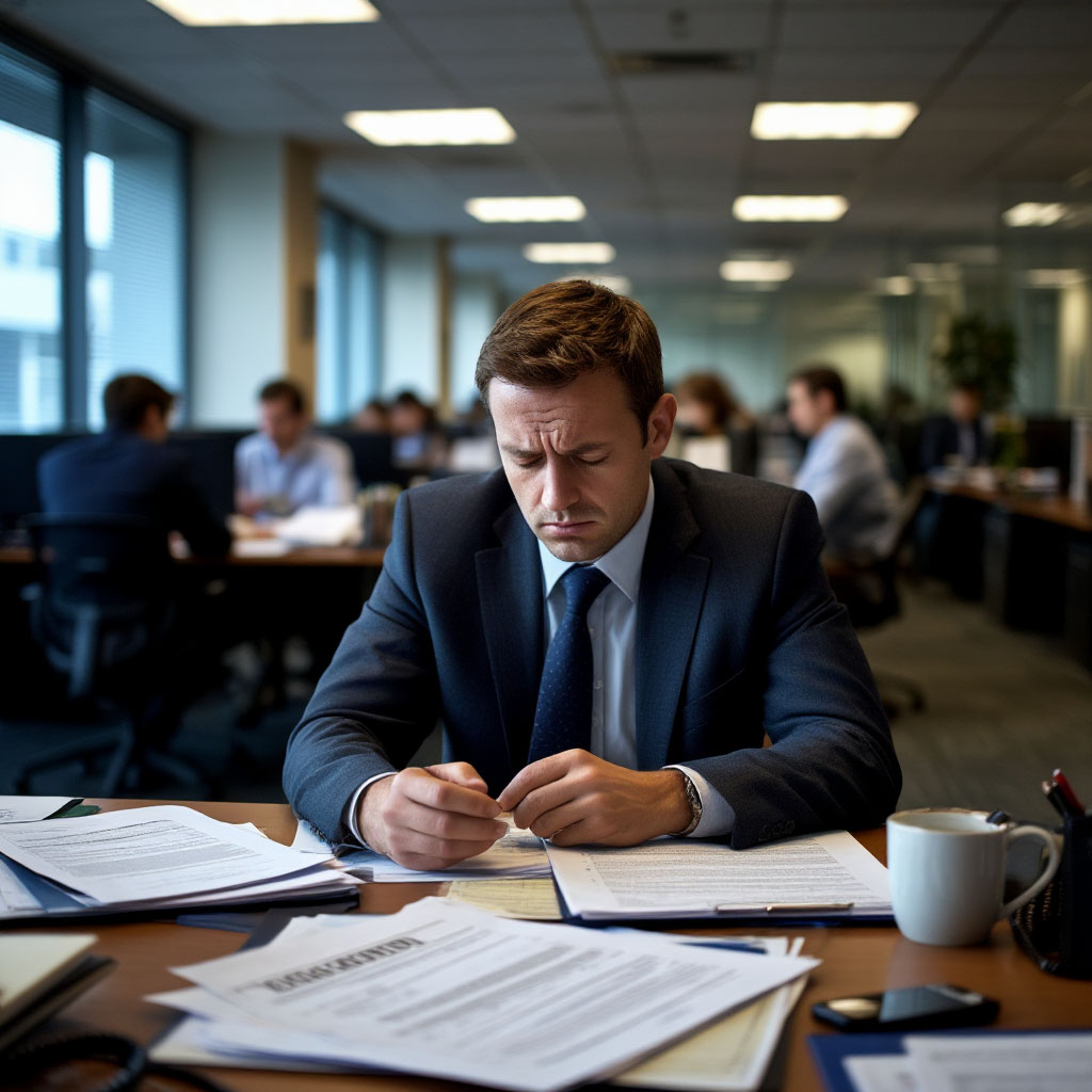 Человек в офисе поздним вечером