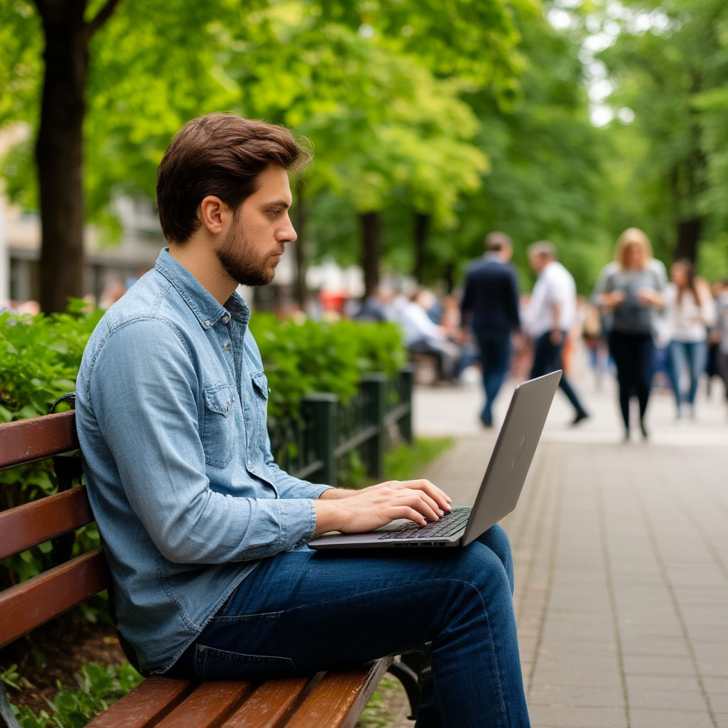 Человек в доме, смотрит в ноутбук, на экране простой интерфейс с разделами «дом заработка», «ключевые планеты», «источник дохода» — без круговых карт, только текстовые блоки