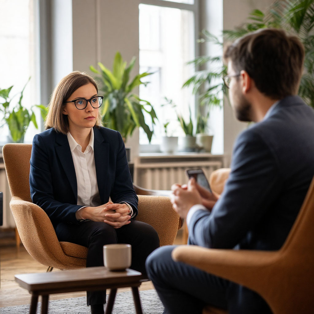 Человек сидит у психолога и внимательно слушает