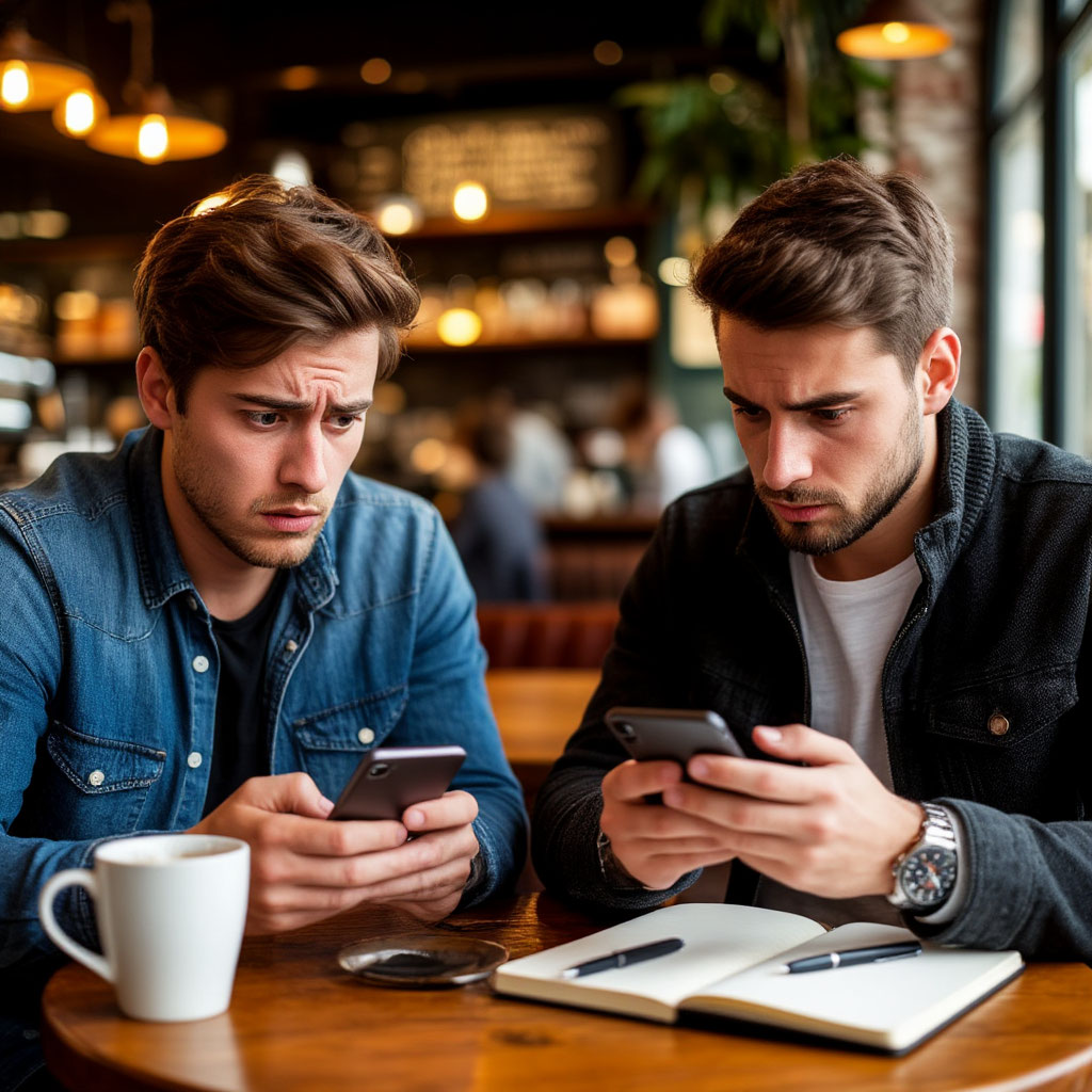 Человек в кафе, читает сообщение в телефоне, рядом вторая половина кажется смущенной, без схем, только живая сцена о переписке