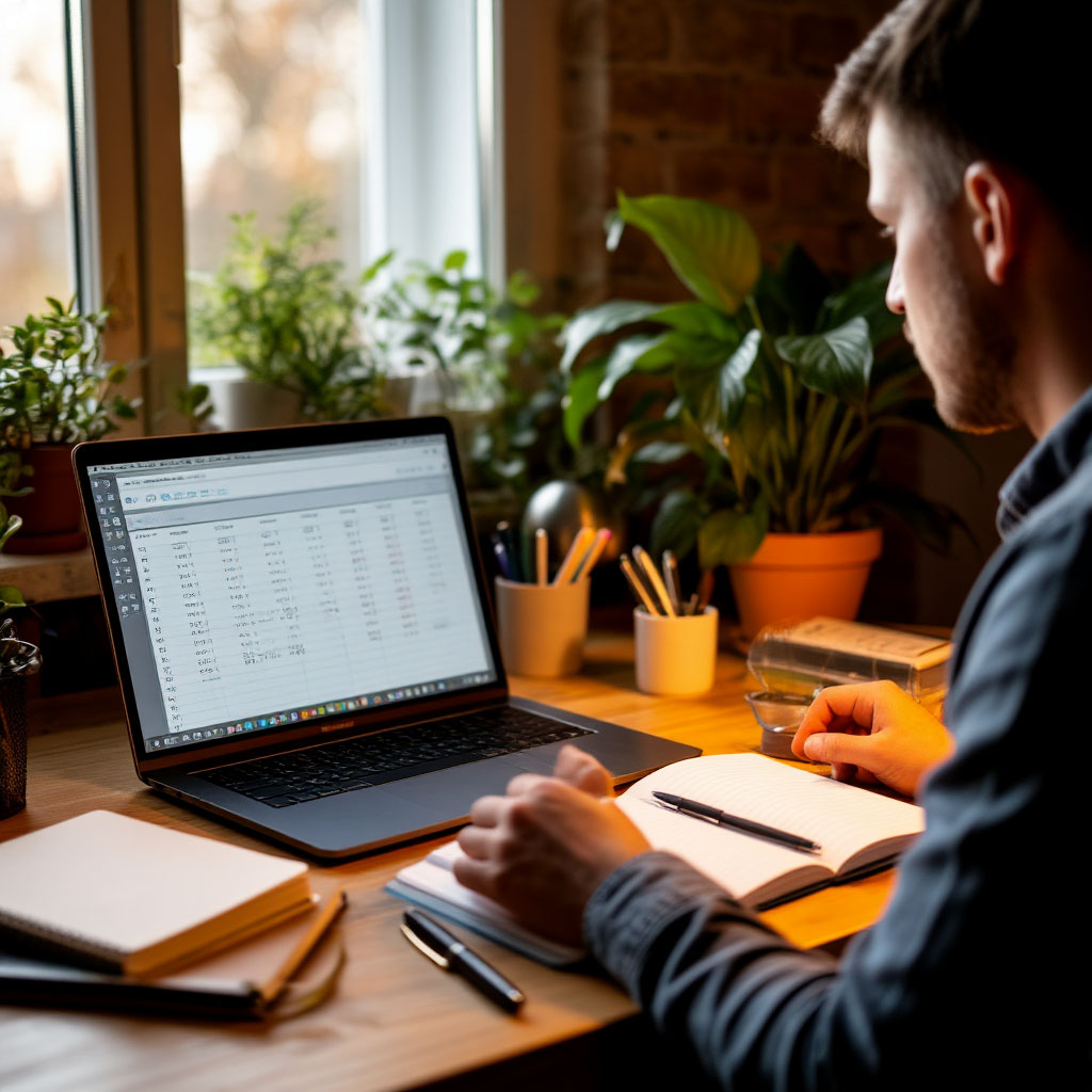 Вечер в домашнем кабинете, человек внимательно смотрит на открытый календарь на экране ноутбука, где помечены ключевые даты 26 февраля, 29 июня, 24 октября и 12 ноября, ручка, блокнот с пометками «проверить», «перенести», без сложных графиков и астрологических карт