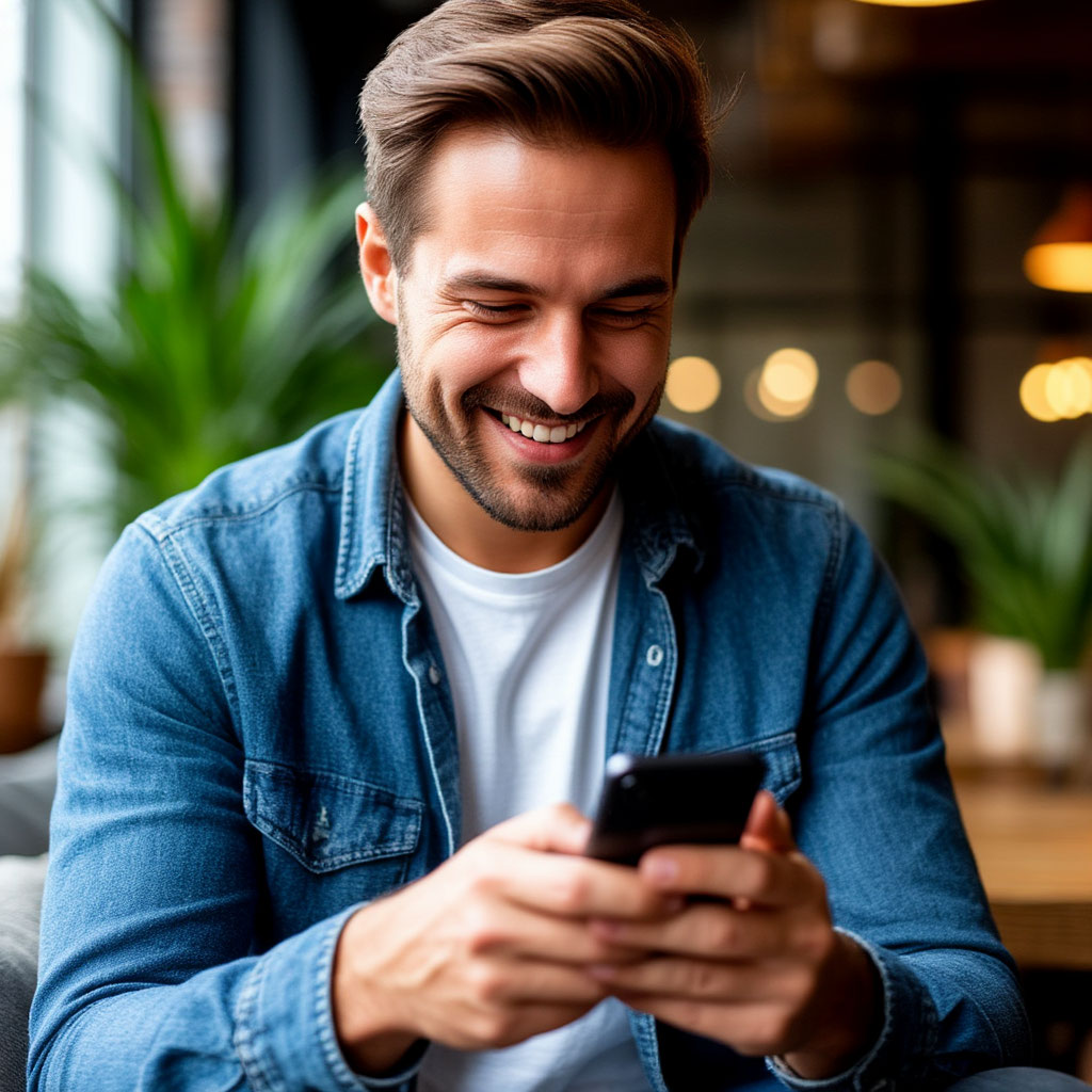 Довольный человек смотрит в телефон