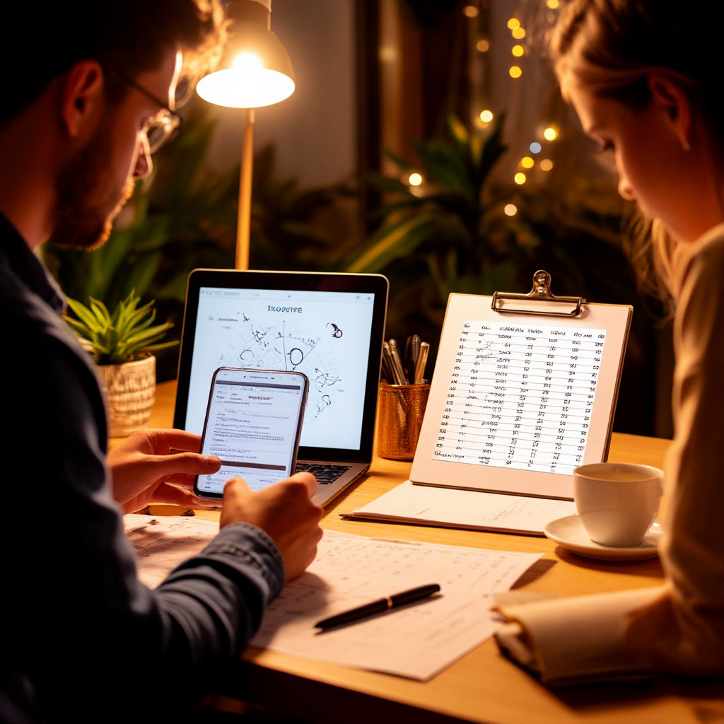 Сравнение соляра и прогноза по знаку: сцена человека с распечаткой и общего гороскопа в телефоне, без схемы